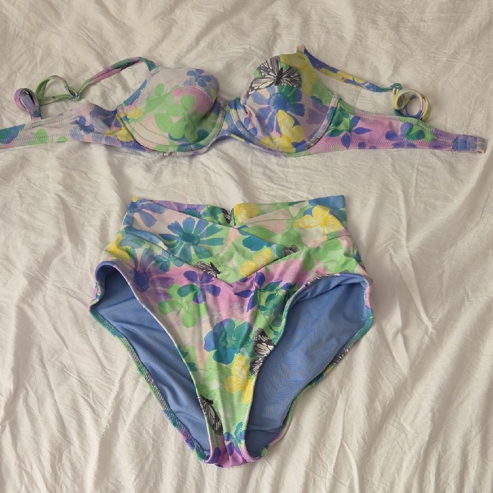 Aerie High-Waisted Green Tropical Bikini Bottom